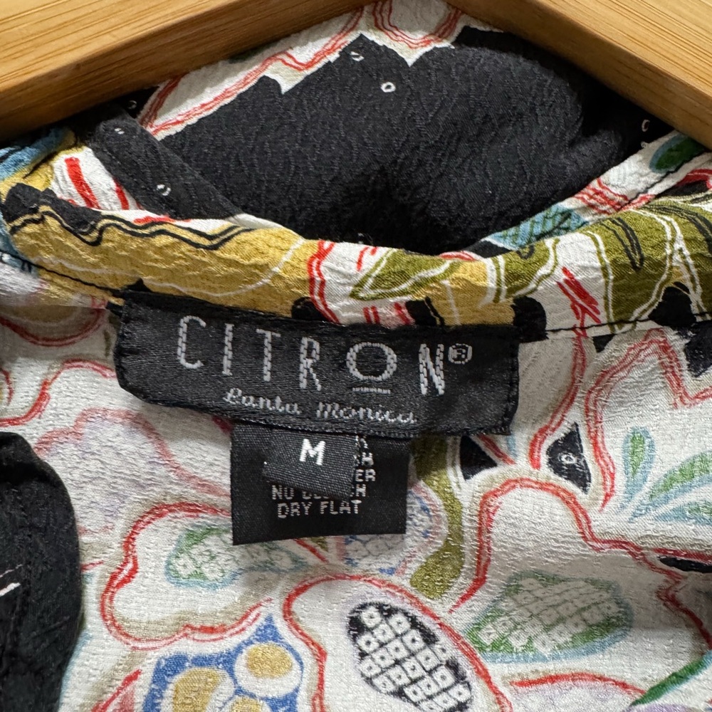 Citron Santa Monica Silk Asian Floral Crane Tunic Top Black Multicolor M - Picture 5 of 6